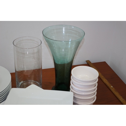 96 - A Great Lot To Include A Large Selection Of White Crockery, Glass Vases And More