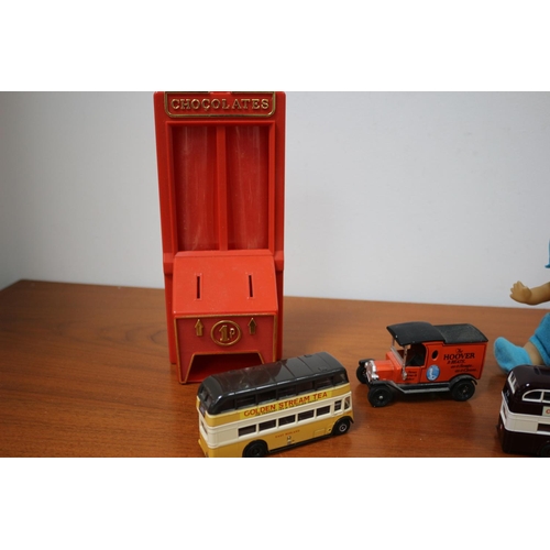 470 - Vintage toys including cars, buses,, cards etc