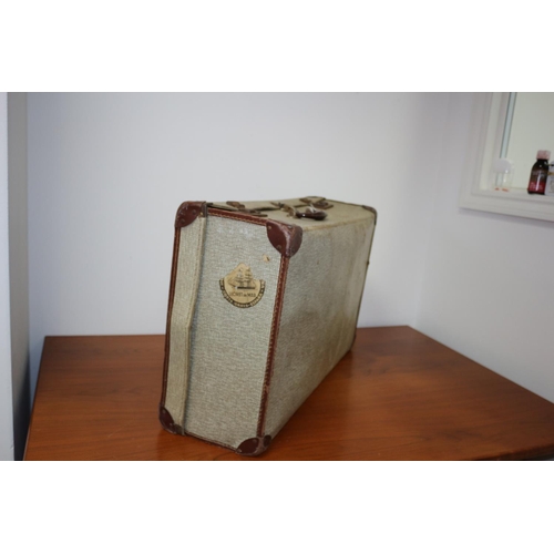 477 - Vintage Travel Suitcase plus curtains plus cutlery box and vintage material