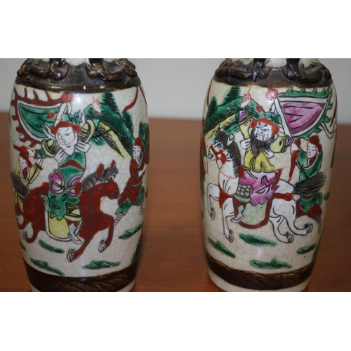 502 - Pair of believed to be antique Chinese Hand-painted crackled glaze warrior vases