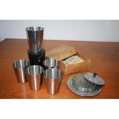 508 - Metal drinking cups in case plus glass and metal dish