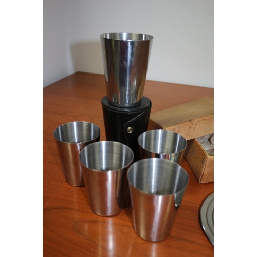 508 - Metal drinking cups in case plus glass and metal dish