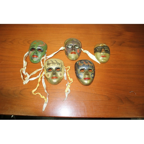 556 - 5 brass Venetian Style Masks, hand painted.