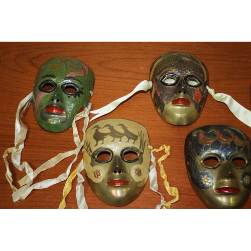 556 - 5 brass Venetian Style Masks, hand painted.