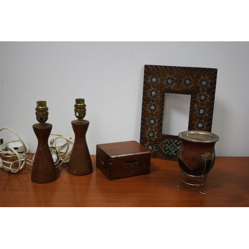 528 - Vintage Mixed lot of hand-made wood items including ornate mirror frame, money box, lamps etc