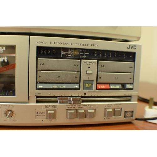 129 - JVC Twin Cassette Stereo Tape Dubbing Player Model KD-W7 + JVC FM/MW/LW Quartz Synthesizer Stereo Tu... 