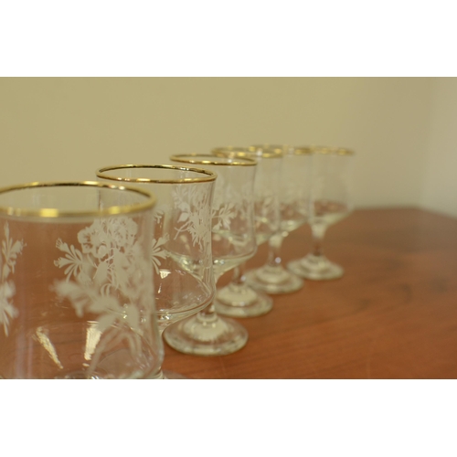 166 - 6 Sherry/Port Glasses with White floral pattern and gold Coloured rim