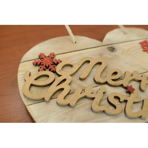 173 - Merry Christmas Wooden love Hearts  Red Frost pattern 40cm x39cm