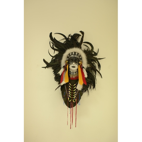 174 - Indian Wall mounted Face Mask with Beads and Feathers