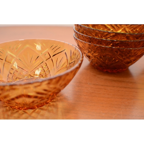 303 - A Amber Fruit Salad Bowl with Six matching Bowls