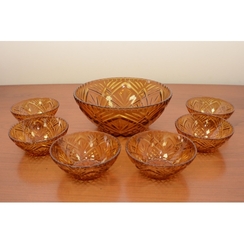 303 - A Amber Fruit Salad Bowl with Six matching Bowls