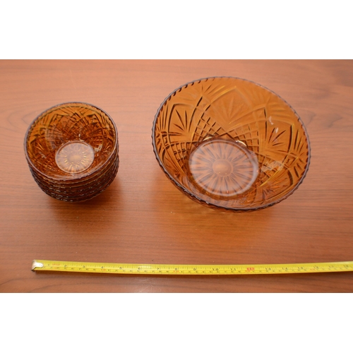 303 - A Amber Fruit Salad Bowl with Six matching Bowls