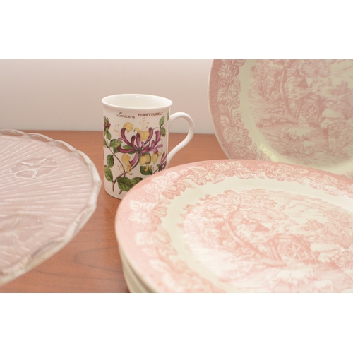 304 - A selection of White Plate ware, Plus a Pink Design Plates and a Glass Cake Stand