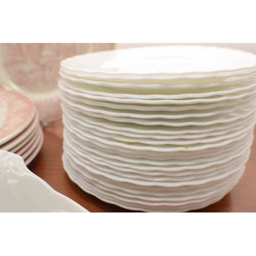 304 - A selection of White Plate ware, Plus a Pink Design Plates and a Glass Cake Stand