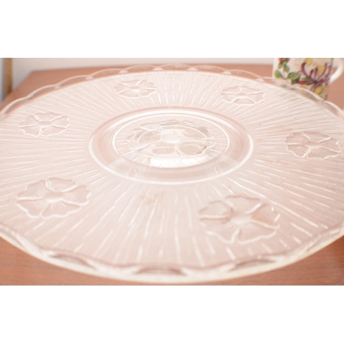 304 - A selection of White Plate ware, Plus a Pink Design Plates and a Glass Cake Stand