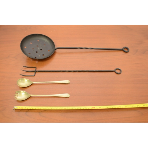 305 - Metal-ware Fireplace items including a Chestnut Fork and Salad Servers