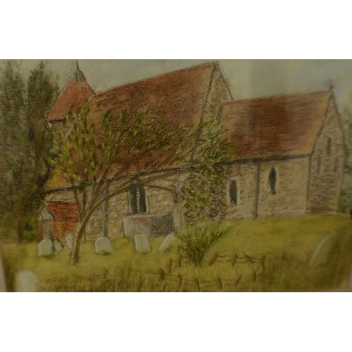 384 - Bilsington Church from the South pastel by D.M. Craig 40x32cm