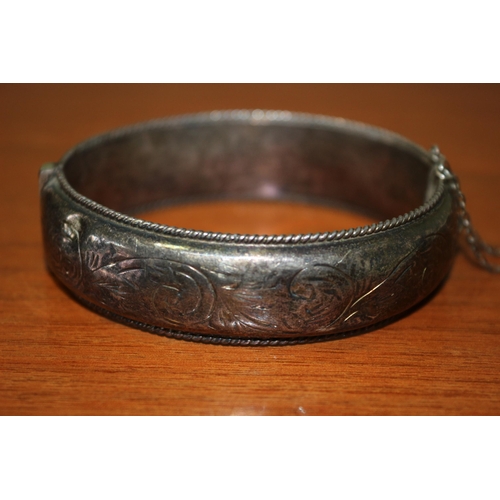 245 - Presented as Vintage Silver Hallmarked Decoratively Etched Bangle with Safety Chain