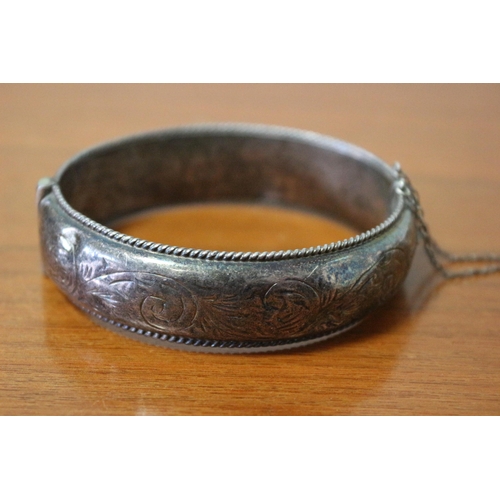 245 - Presented as Vintage Silver Hallmarked Decoratively Etched Bangle with Safety Chain