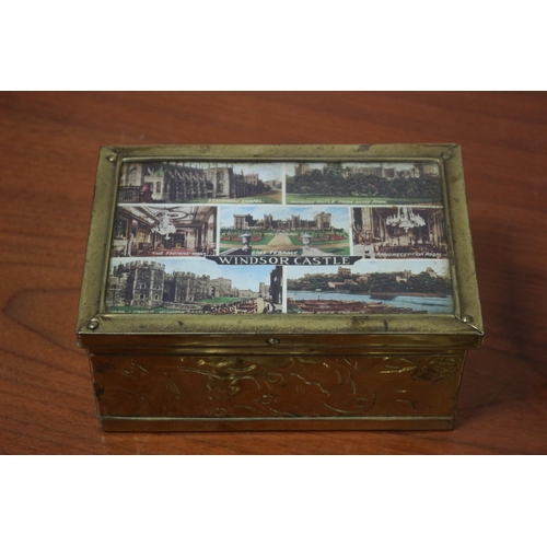 360 - Windsor Castle Brass Trinket Box with 3 Miniature World of Peter Bates plus a Vintage Compact Mirror