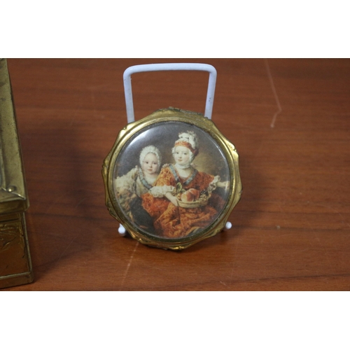 360 - Windsor Castle Brass Trinket Box with 3 Miniature World of Peter Bates plus a Vintage Compact Mirror