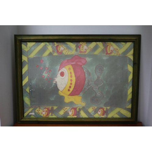 10 - Very unusual, Large, Painting of Fish on Silk Titled 'Bubble Fish' - Framed - by known Artist Justin... 