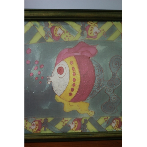 10 - Very unusual, Large, Painting of Fish on Silk Titled 'Bubble Fish' - Framed - by known Artist Justin... 