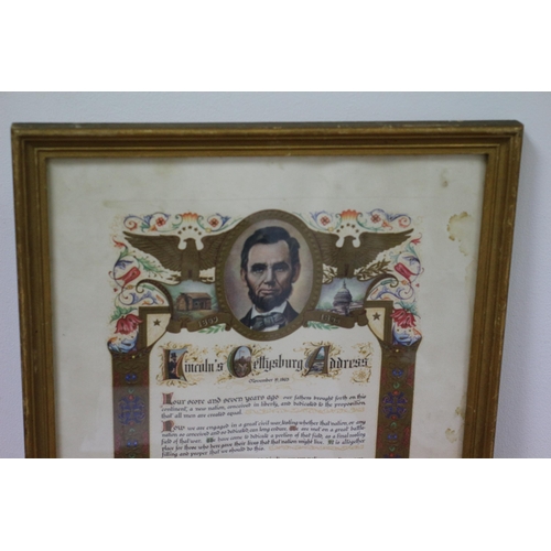 105 - Framed Copy of Lincoln's Famous Gettysburg Address. Embossed paper with believed to be hand colourin... 