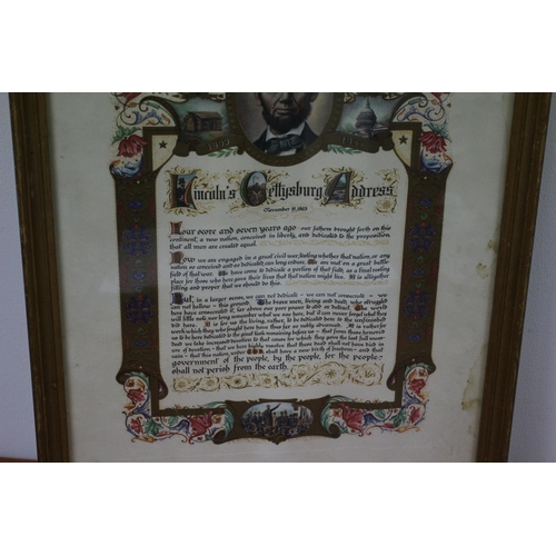 105 - Framed Copy of Lincoln's Famous Gettysburg Address. Embossed paper with believed to be hand colourin... 