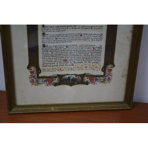 105 - Framed Copy of Lincoln's Famous Gettysburg Address. Embossed paper with believed to be hand colourin... 