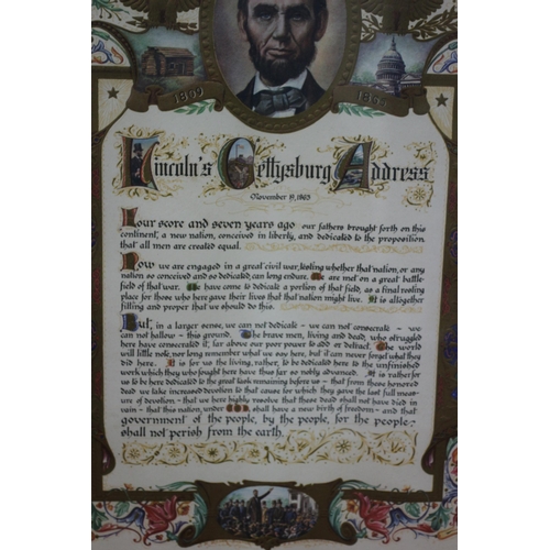 105 - Framed Copy of Lincoln's Famous Gettysburg Address. Embossed paper with believed to be hand colourin... 