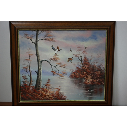 108 - Very Pleasing Signed Oil on Canvas then Board Backed - Flying Wild Foul