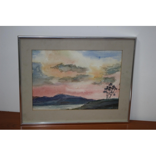 21 - Watercolour of a Rising Sun with a Red Sky over a Lake and Hills - unsigned - 52 x 41cm