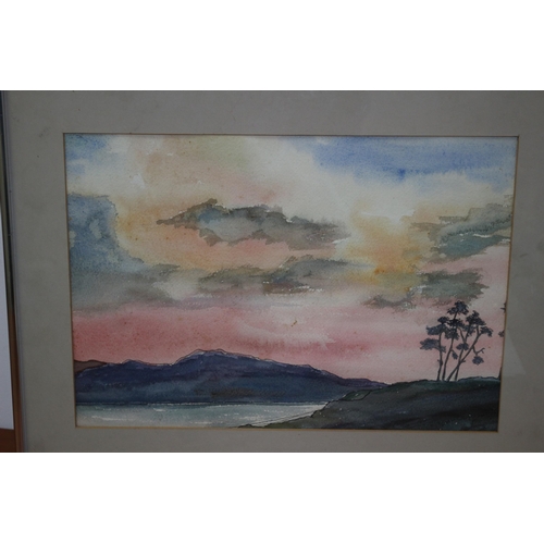 21 - Watercolour of a Rising Sun with a Red Sky over a Lake and Hills - unsigned - 52 x 41cm