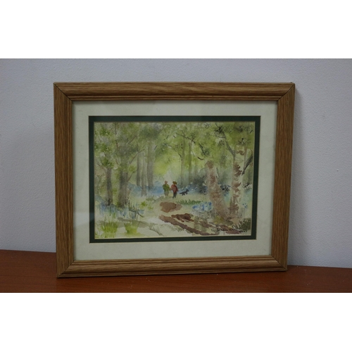 501 - Watercolour of a Woodland Walk with a Dog - Signed - 29 x 24cm