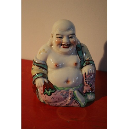 48 - A Chinese Hand Painted Enamelled Porcelain Seated Buddha Figure, Brightly Coloured - 15cm Tall