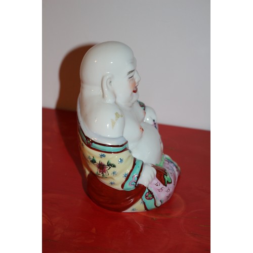 48 - A Chinese Hand Painted Enamelled Porcelain Seated Buddha Figure, Brightly Coloured - 15cm Tall