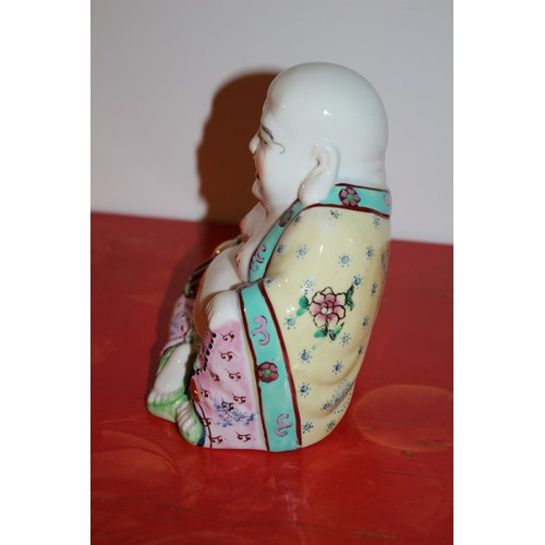 48 - A Chinese Hand Painted Enamelled Porcelain Seated Buddha Figure, Brightly Coloured - 15cm Tall