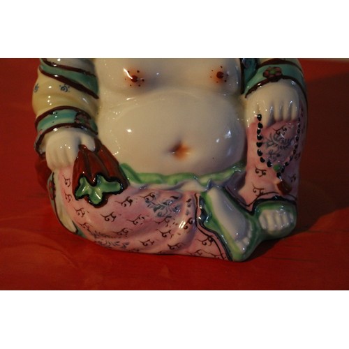 48 - A Chinese Hand Painted Enamelled Porcelain Seated Buddha Figure, Brightly Coloured - 15cm Tall