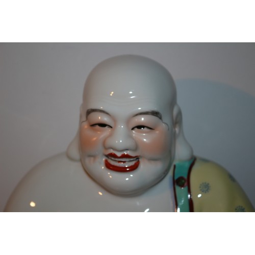 49 - A Chinese Hand Painted Enamelled Porcelain Seated Buddha, Brightly Coloured - 25cm Tall