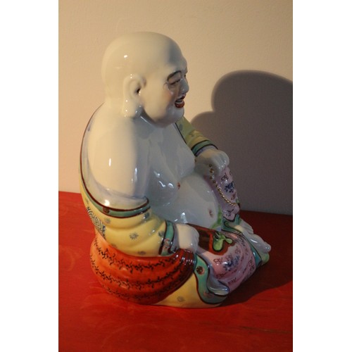 49 - A Chinese Hand Painted Enamelled Porcelain Seated Buddha, Brightly Coloured - 25cm Tall