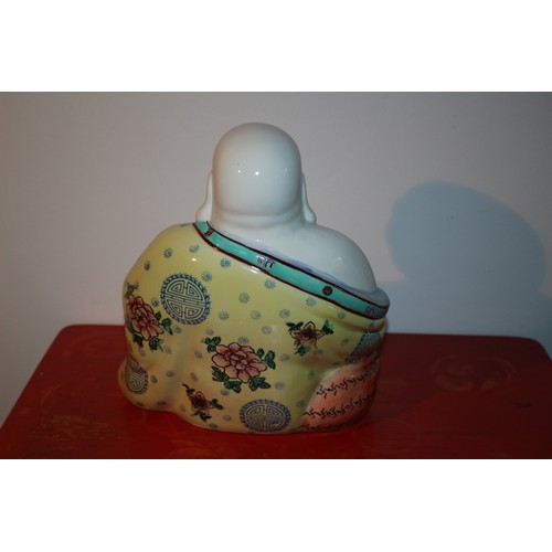 49 - A Chinese Hand Painted Enamelled Porcelain Seated Buddha, Brightly Coloured - 25cm Tall