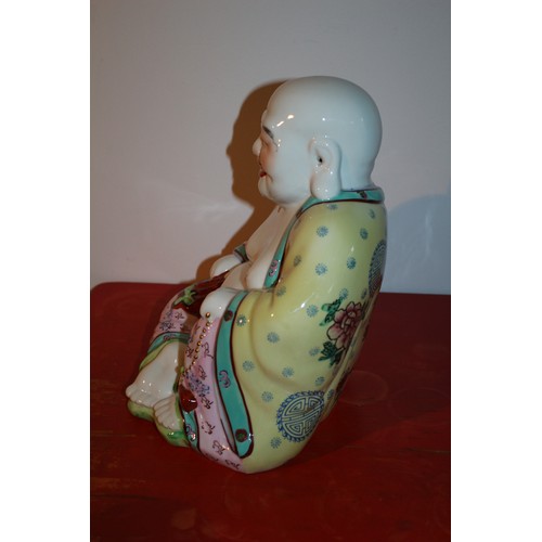 49 - A Chinese Hand Painted Enamelled Porcelain Seated Buddha, Brightly Coloured - 25cm Tall