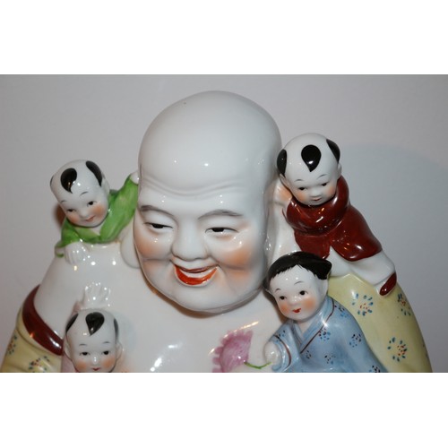 50 - A Chinese Hand Painted Enamelled Porcelain Seated Buddha Surrounded With Children Figure - Brightly ... 