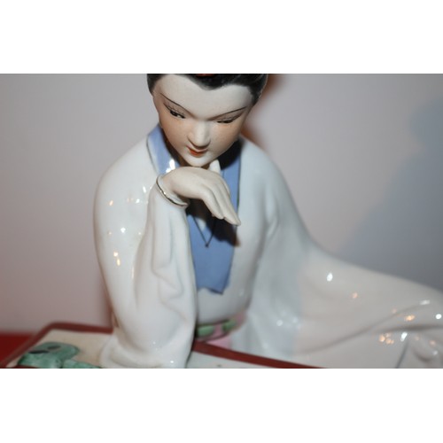 51 - Porcelain Japanese Geisha Figure, Writing Her Calligraphy - 21cm Tall