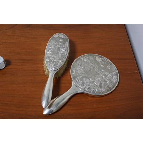 121 - Tested As Silver with Makers Stamp - Beautiful Japanese Design, Heavy Hand Mirror and Brush - Fantas... 