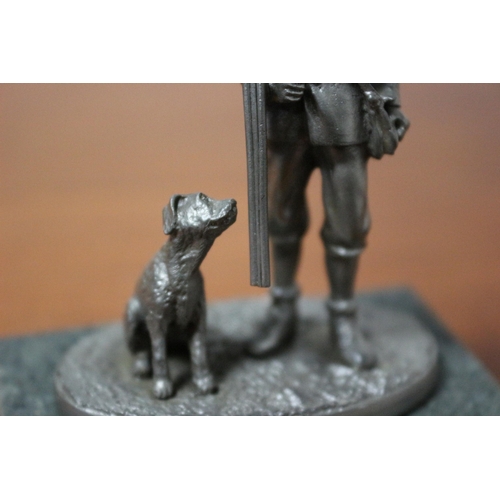 144 - Collectable Fine Pewter Figure - The Huntsman with His Dog on Marble Base