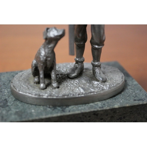 144 - Collectable Fine Pewter Figure - The Huntsman with His Dog on Marble Base