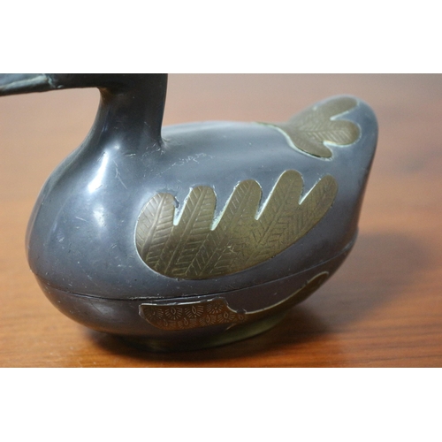 145 - Aged Pewter Duck Pot with Brass Inlay - 10 x 13cm