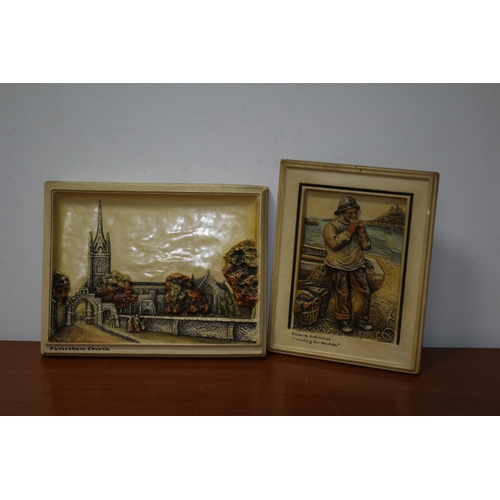 164 - 2 x Vintage Osborn Ivorex Wall Plaques - Faversham Church and Cornish Fisherman